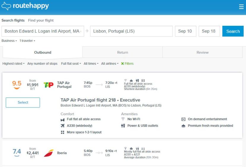 <a href="https://www.routehappy.com/" target="_blank">RouteHappy</a> is a great way of easily comparing flight options.