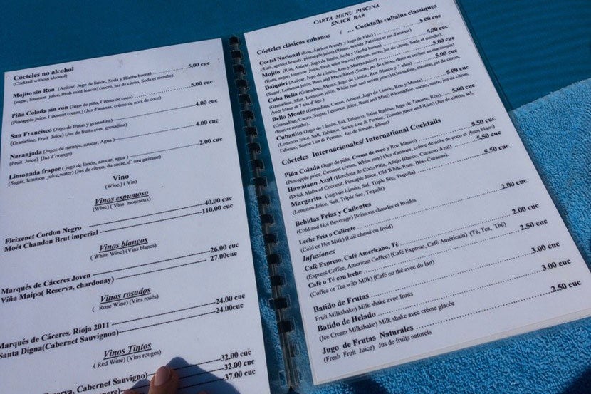 Poolside food and drinks menu