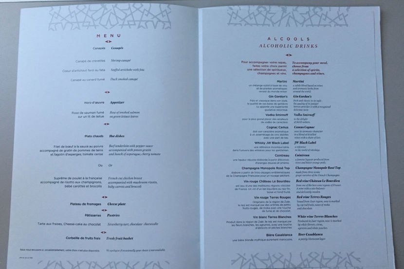 Royal Air Maroc Menu for Business class.