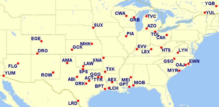 Reduced mileage cities for November. Image courtesy of Great Circle Mapper.