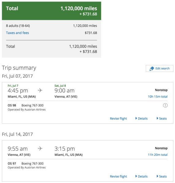 Miami to Vienna for 8 passengers round-trip in business class.