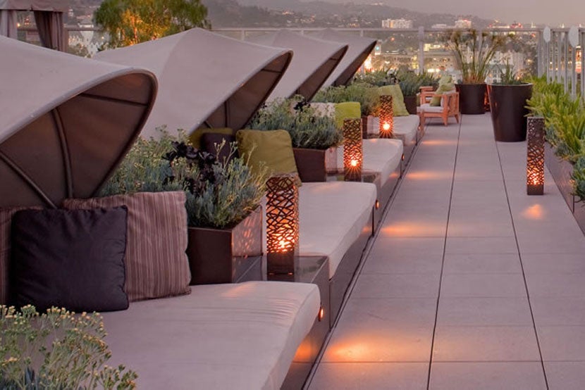 The sundeck offers cabanas to relax in and views overlooking the city. Image courtesy of the Andaz West Hollywood.