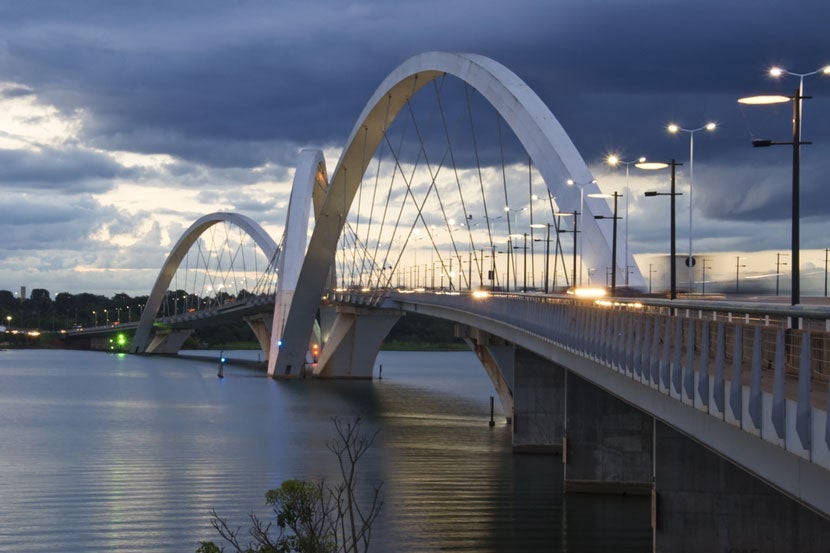 Fly from Miami to Brasília, the capital of Brazil. Image courtesy of <a href="http://www.shutterstock.com/pic-136797197/stock-photo-juscelino-kubitschek-bridge-in-brasilia-brazil-at-sunset.html?src=CsnwgHlXcsLSIvSd_wOeMA-1-4">Shutterstock</a>.