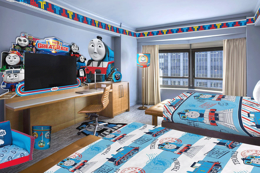 Thomas the Tank Engine room at the New York Hilton Midtown. Image courtesy of the hotel's Facebook page.