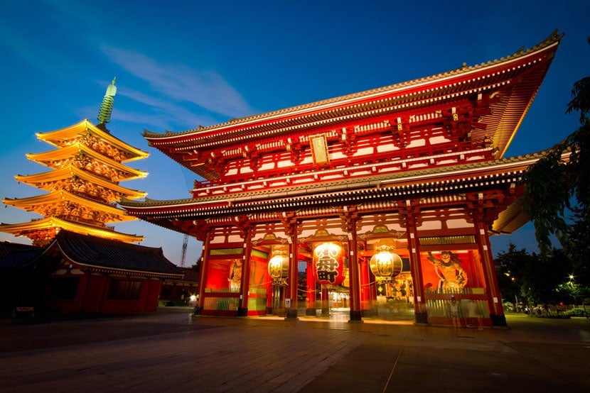 Who's ready for a trip to Tokyo? Image courtesy of <a href="http://www.shutterstock.com/pic-113158996/stock-photo-the-hozomon-gate-of-the-asakusa-temple-with-the-pagoda-at-night-in-tokyo.html?src=hw_ZEwt_iA85QjNleO5Fkg-1-3">Shutterstock</a>.