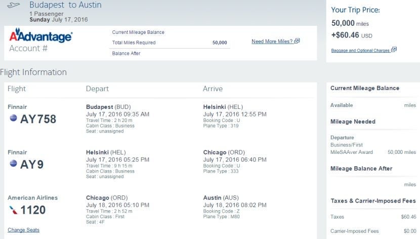 My itinerary from Budapest (BUD) back home to Austin (AUS) via Helsinki (HEL).