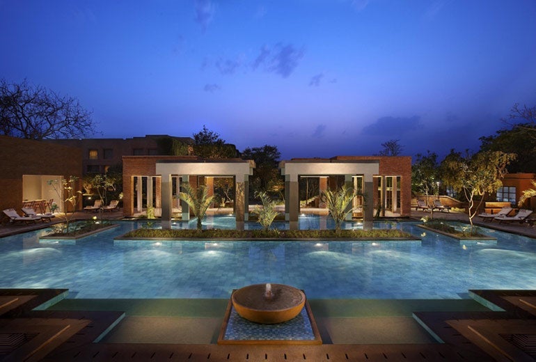 The ITC Mughal pool at dusk. Photo courtesy of hotel.