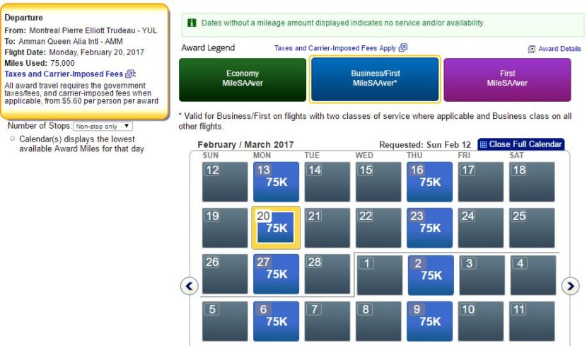 Great award availability on the Montreal - Amman, twice-daily Royal Jordanian flight.