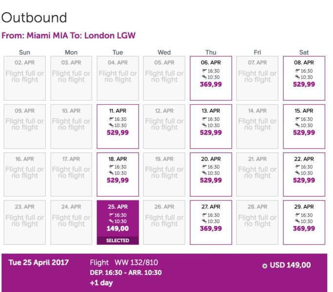 Fares from Miami (MIA) to London (LGW) for $150 one-way.