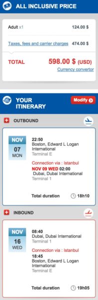 Boston (BOS) to Dubai (DXB) for $598 round-trip in November.