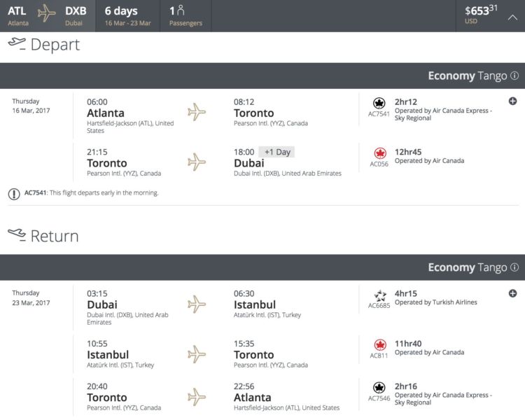 Atlanta (ATL) to Dubai (DXB) for $653 round-trip in March.