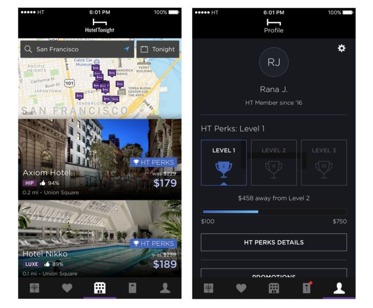 Participating properties will feature a blue badge, and your profile will reflect your HT Perks level.