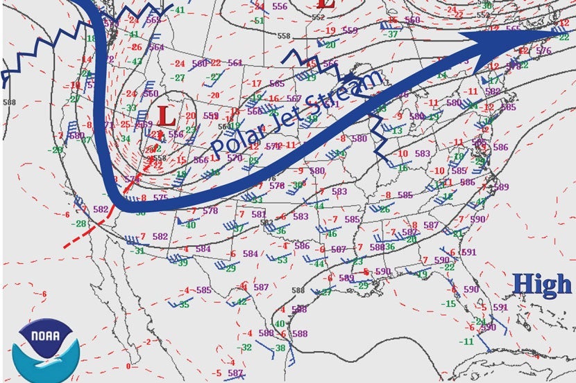 This is a high altitude wind forecast which includes the location of the jet stream. The air on the fringes of the jet are often the most turbulent. Image courtesy of NOAA.