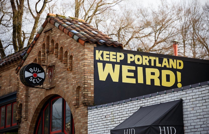 Portlanders have lots of idea as to how to "Keep Portland Weird." Image courtesy of <a href="http://www.shutterstock.com/pic-373912246/stock-photo-portland-or-february-2-2016-keep-porltland-weird-sign-at-a-well-known-record-store-in-downtown-pdx.html?src=8DDBeR4B7Lf1NXVhqkAFMg-1-0">Shutterstock</a>.