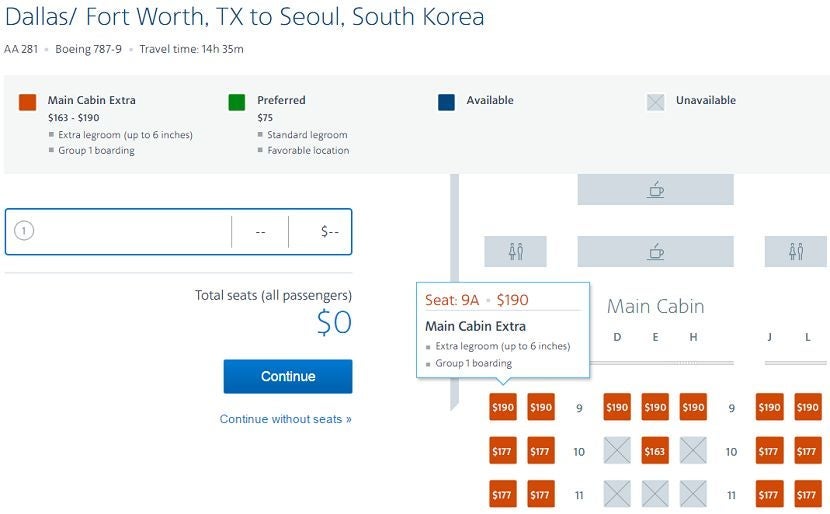 The premium economy cabin is wide open on the inaugural flight from DFW-ICN, but it's going to cost you quite a bit if you don't have status.