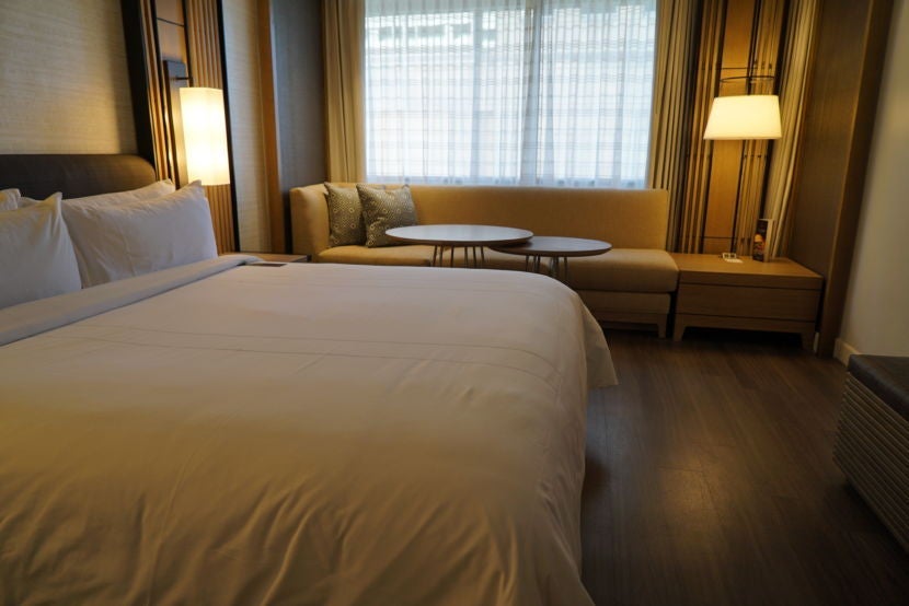 A redesigned guest room at Charlotte Marriott City Center.