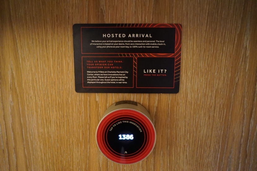 M Beta's innovation feedback buttons, which you can tap to let Marriott know if you like their new check-in process.