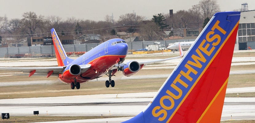 CHICAGO - APRIL 3: A Southwest Airlines jet takes off at Midway Airport April 3, 2008 in Chicago, Illinois. Officials from Southwest and other airlines will testify at a safety hearing on Capitol Hill today following recent cancellations of flights by Southwest, United, American and Delta airlines as jets were taken out of service for safety inspections. (Photo by Scott Olson/Getty Images)