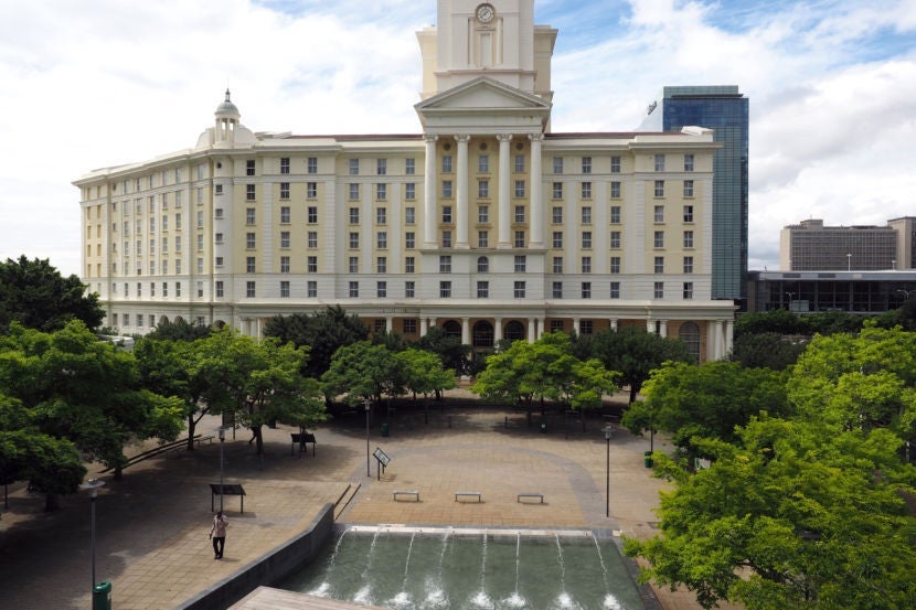A scenic overlook from the balcony on to a fountain.