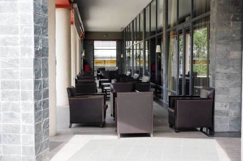 The seating area outside the hotel remained relatively vacant while I was there.