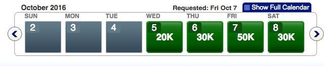The economy award calendar looks like this for AA flights out of DCA on the Friday before Columbus Day weekend.