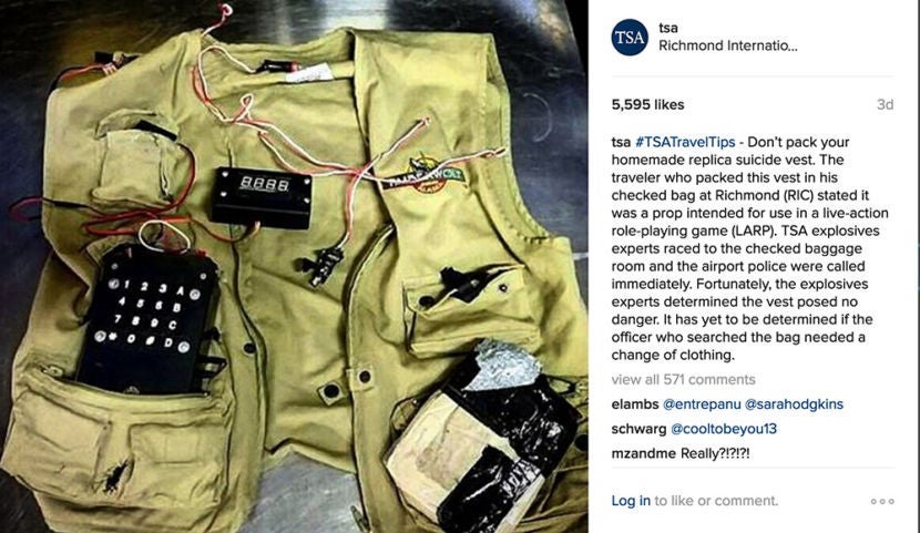 Remember that explosives or items resembling explosives can't fly.