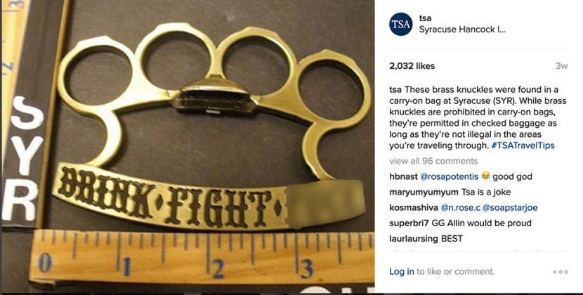 Check laws regarding brass knuckles in the areas you're traveling through — they may be illegal.