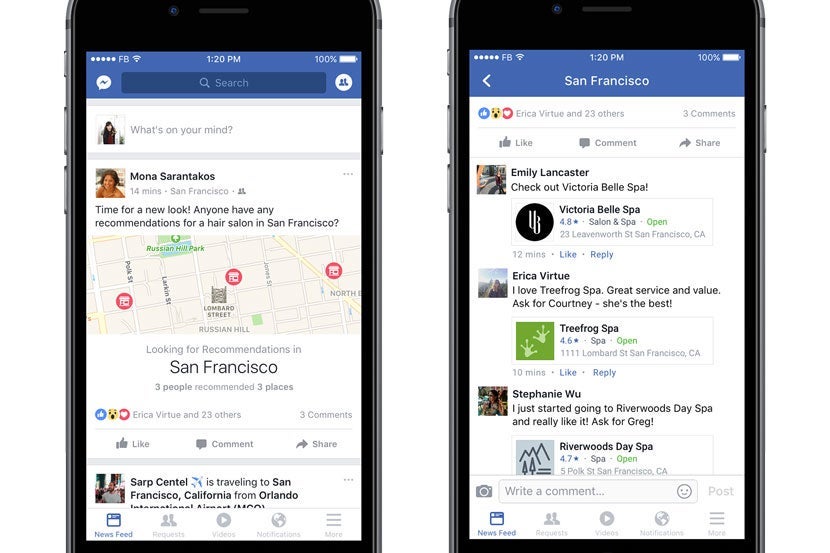 A preview of Facebook's new recommendations feature.