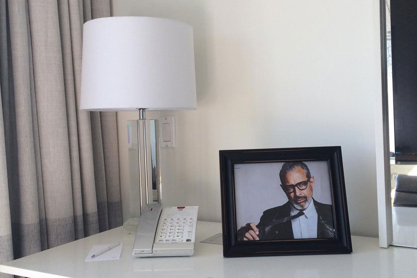Just one of the many Jeff Goldblum photos waiting for them in the room. Image courtesy of guest Seth Freedland's Facebook page.