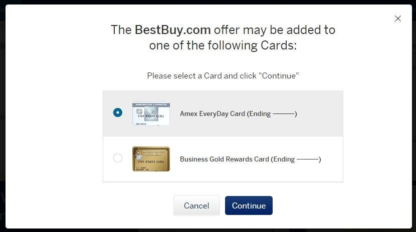 You can only enroll one card per Amex user account, so choose wisely when you see a similar screen.