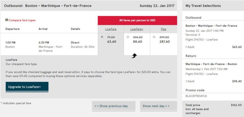 Boston (BOS) to Martinique (FDF) for $162 round-trip.