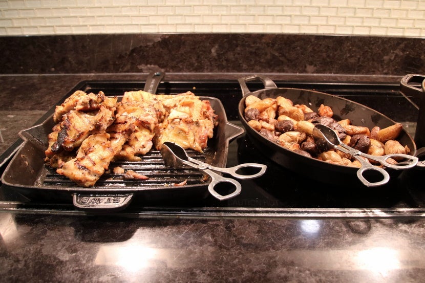 Grilled chicken with olive-caper vinaigrette and crispy fingerling potatoes