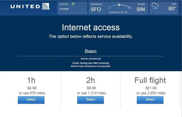 The costs for inflight wifi