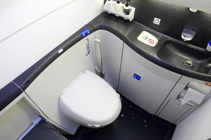 From Zach's flight. The economy bathrooms were almost identical except the lotions tray was empty