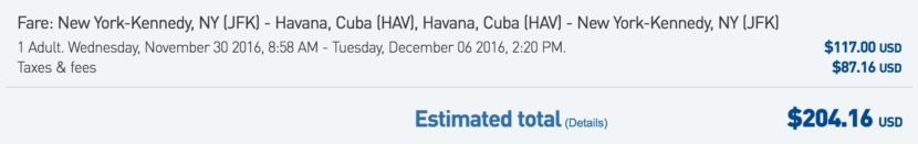 New York (JFK) to Havana (HAV) for $204 round-trip in November on Jetblue.