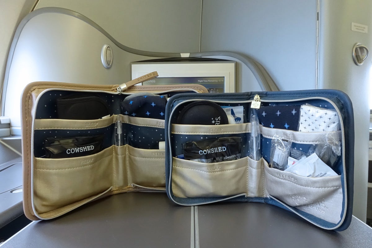 The Polaris first amenity kit (left) vs. business class (right).