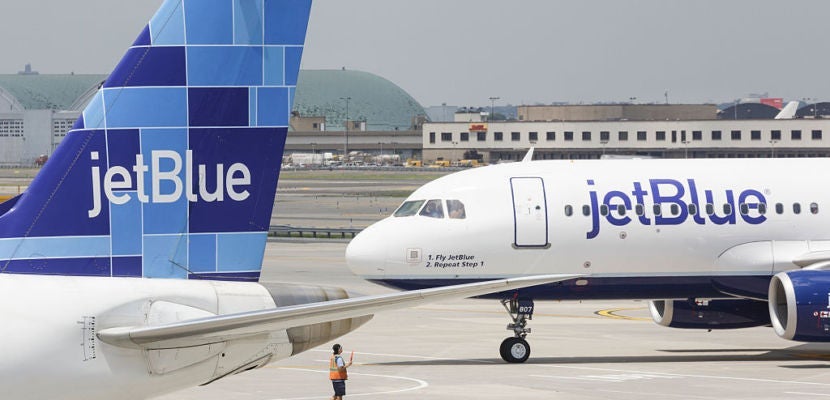 jetBlue airplanes on the tarmac at JFK (John F Kennedy) Airport in New York. (Photo by James Leynse/Corbis via Getty Images)