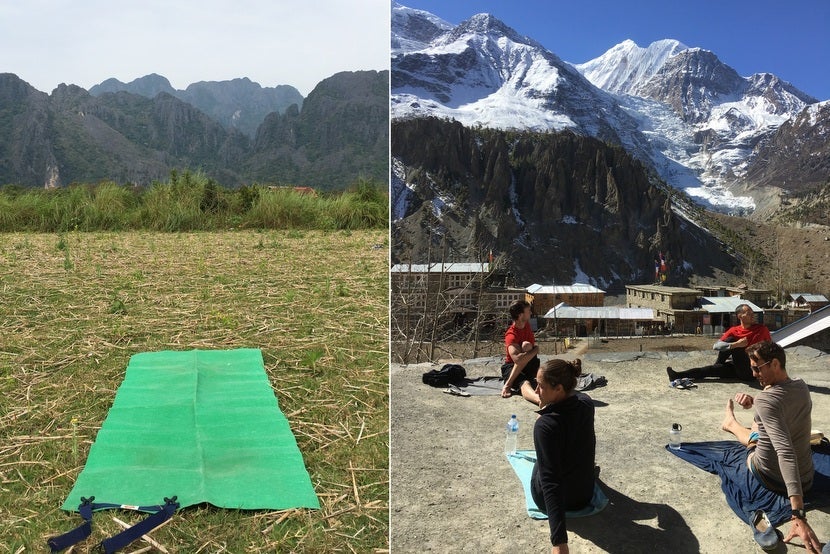 Two of my better yoga practices from the last year - an empty field in northern Laos and a guesthouse rooftop in Manang, Nepal
