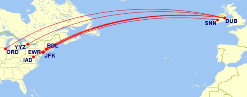 Fly in Aer Lingus business class from any of these airports for just 50,000 Avios (off-peak) of 60,000 Avios (standard) each way. Image courtesy of Great Circle Mapper.