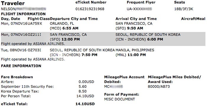 United Asiana award ticket MCO-MNL