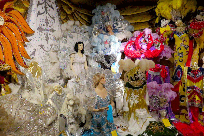 A peek at the wild colors, feathers and sequins inside the Mardi Gras Museum is a Lake Charles must. Image courtesy of the author.