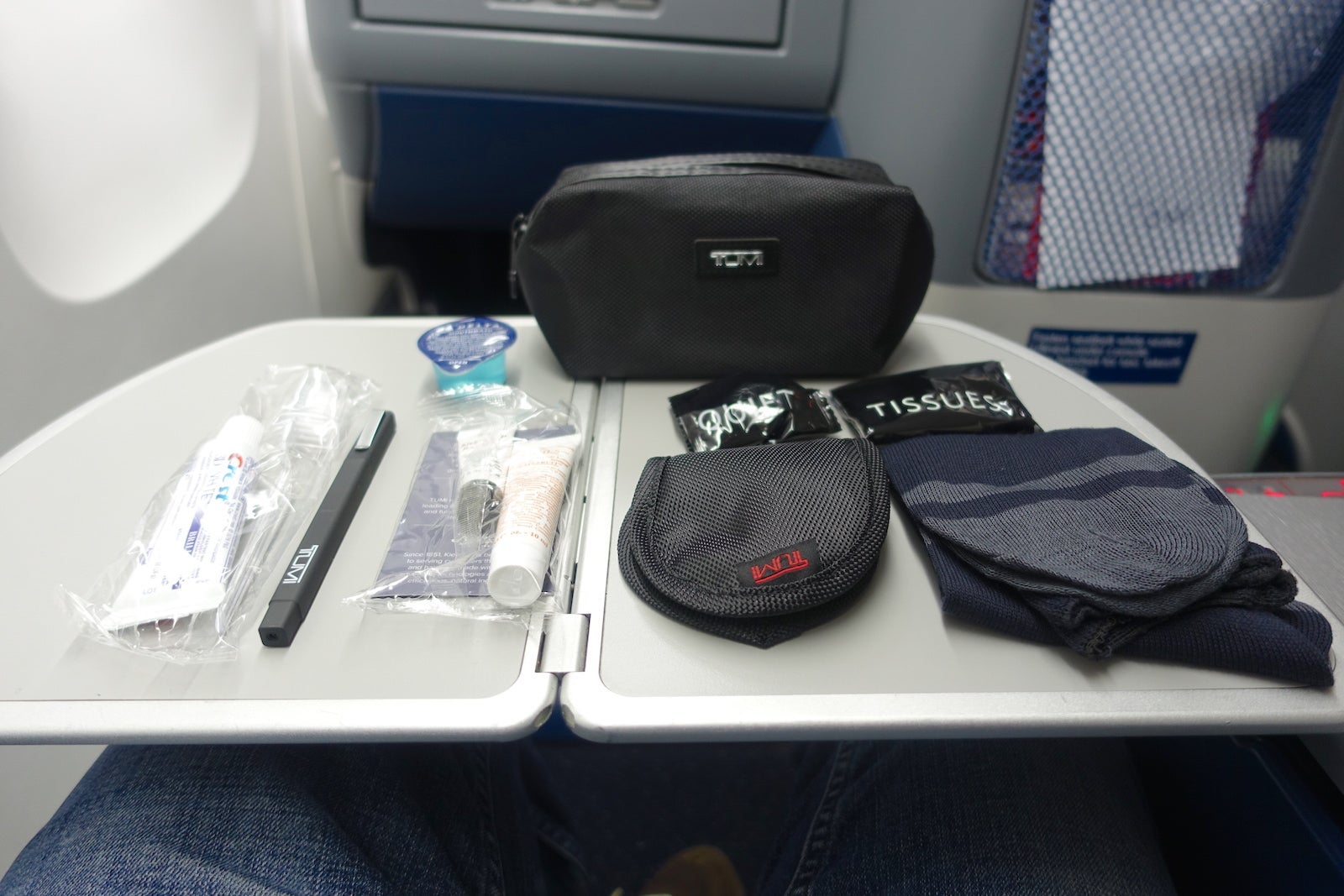 Delta offers TUMI amenity kits in business class.