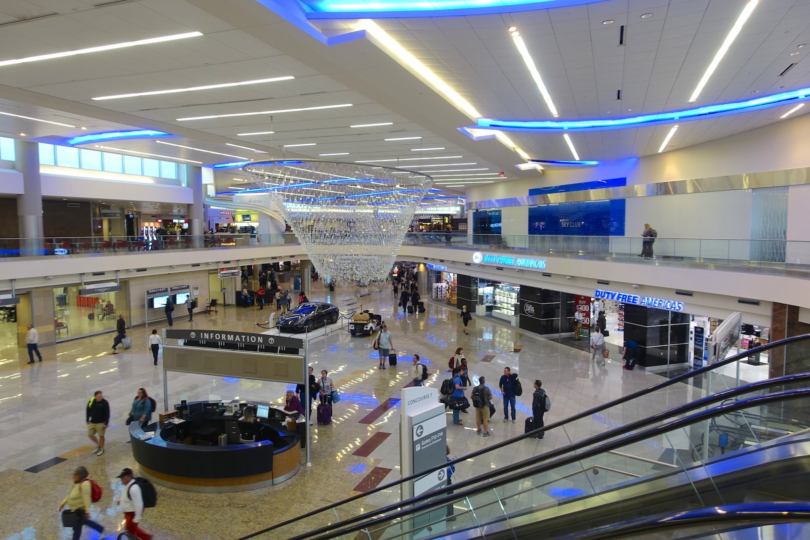 The main hall of the international terminal with the Sky Club on the upper floor.