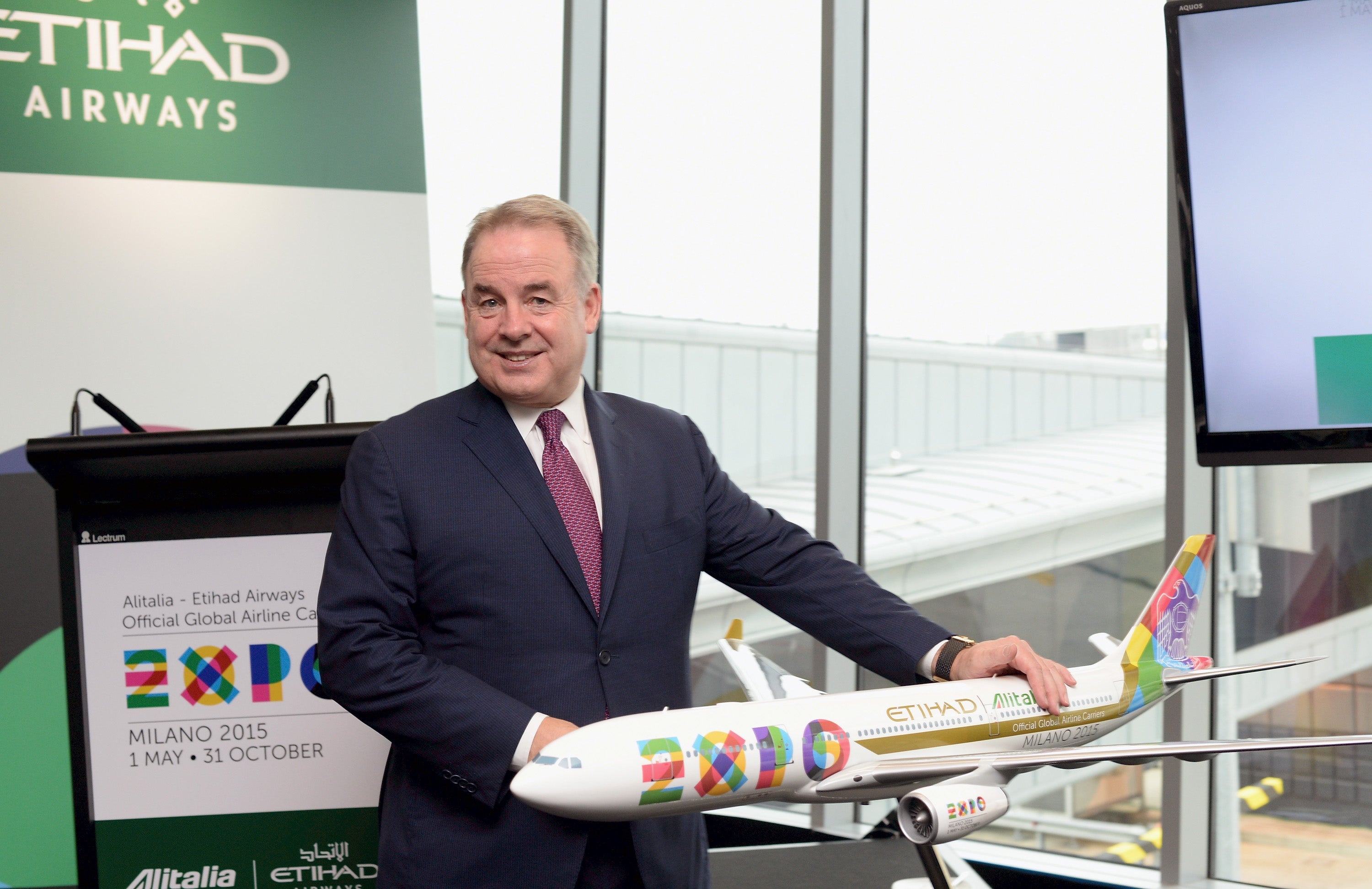 MILAN, ITALY - OCTOBER 20: President of Etihad James Hogan poses for a photo at the end of the press conference at Malpensa Airport on October 20, 2014 in Milan, Italy. The press conference today announced the first Airbus A330 Alitalia livery during the official Expo 2015.? (Photo by Pier Marco Tacca/Getty Images)