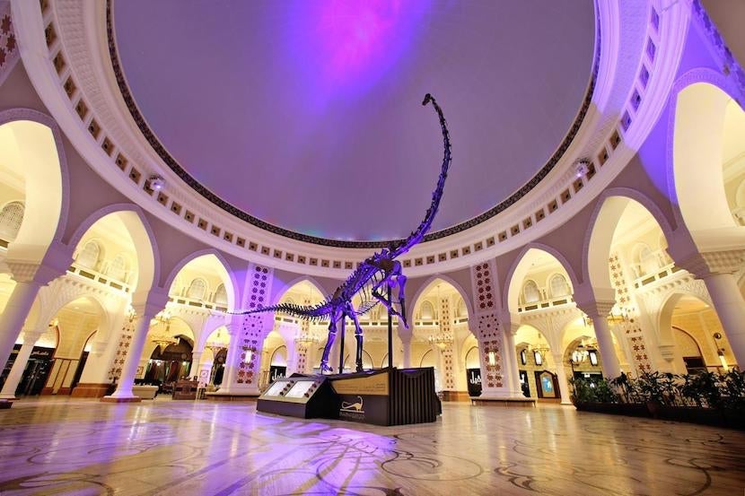 In the Souk Dome at the Dubai Mall you'll find an 80-foot-tall dinosaur skeleton. Image courtesy of The Dubai Mall's <a href="https://www.facebook.com/pg/TheDubaiMall/" target="_blank">Facebook page</a>.