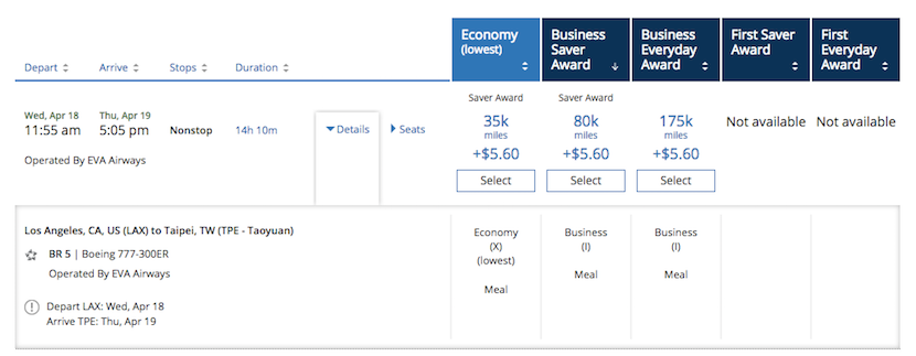 A sample award from LA-Taipei on EVA.