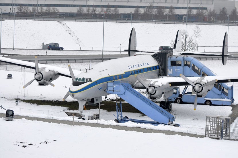 This Lufthansa Lockheed Super Constellation is one of three historic aircraft on display at Munich Airport's planespotting park. Image courtesy Eric Salard via <a href="https://www.flickr.com/photos/airlines470/8421477180/in/photolist-dQbgLq" target="_blank">Flickr</a>.