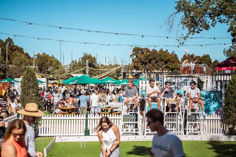 Play a round of croquet while catching live music at the summer pop-up Royal Croquet Club in Birrarung Marr park. Image courtesy of Royal Croquet Club.