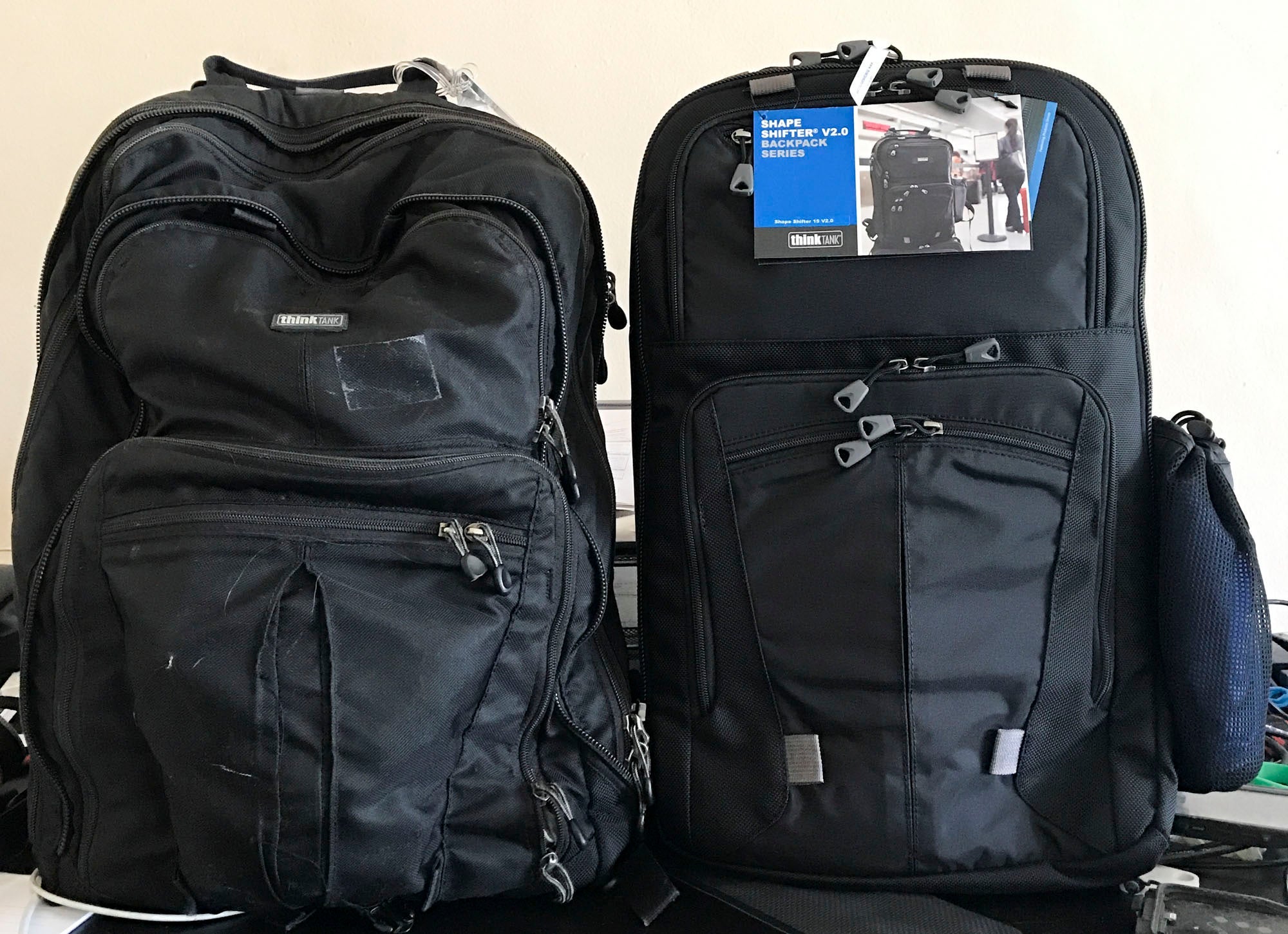 After seven years of daily service, I finally retired my first Think Tank Shape Shifter backpack, left, replacing it with the new version 2.0, right. I typically carry my most critical gear and laptop inside. Image courtesy of the author.