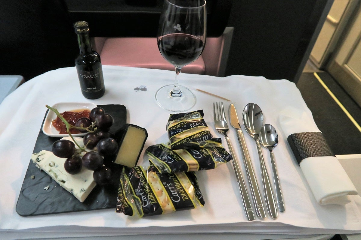 A plate of fruit, cheese, crackers and wine rounded out the meal.